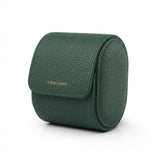 Green pebble leather wach storage box with 'Hiram Beran' branding on a white background