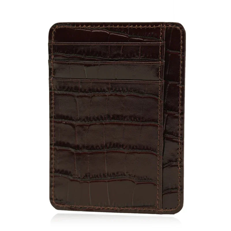 Brown crocodile-patterned leather cardholder on a white background