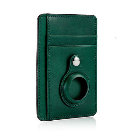 green buttero leather airtag wallet with a white background