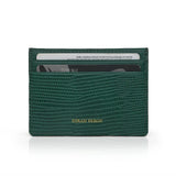 Green lizard pattern cardholder with 'Hiram Beron' branding on a white background