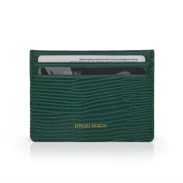 Green lizard pattern cardholder with 'Hiram Beron' branding on a white background
