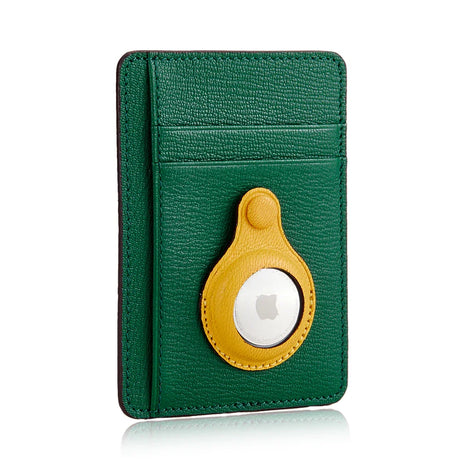 Green leather cardholder with yellow AirTag holder, premium minimalist design for everyday carry