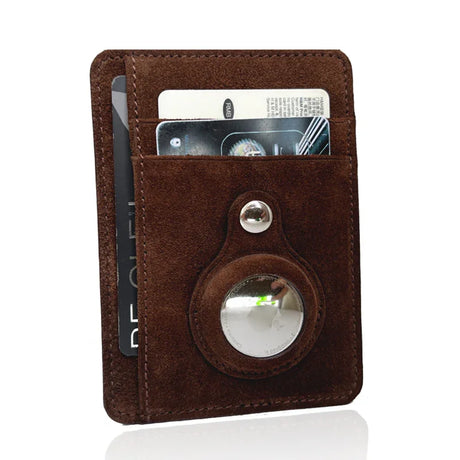Brown suede leather cardholder with airtag slot on a white background