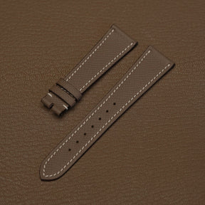 Pair of Etoupe French Epsom grain watch bands showing 115mm by 75mm tailored dimensions