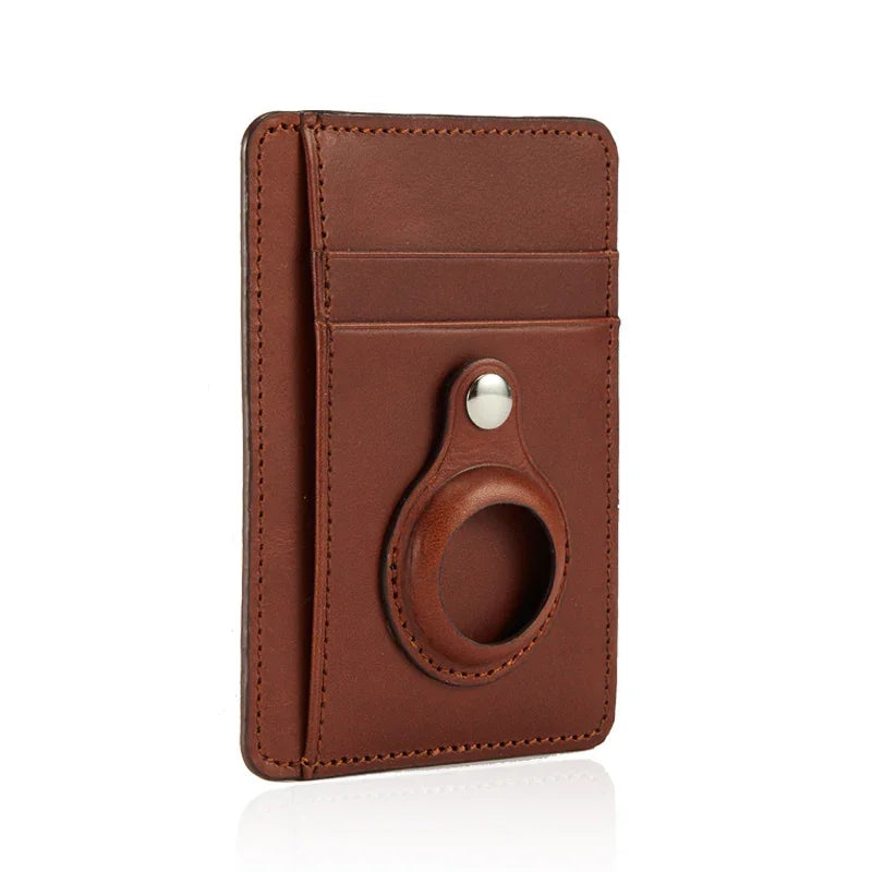 full grain vegetable tanned leather airtag wallet with white background