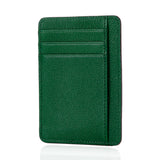 Slim green leather card holder with multiple slots, minimalist design for everyday carry