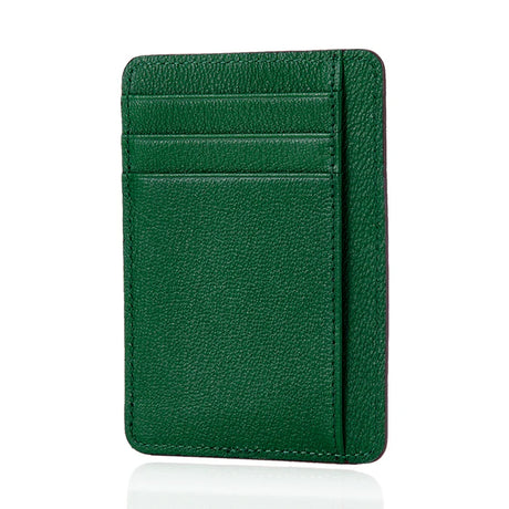 Slim green leather card holder with multiple slots, minimalist design for everyday carry