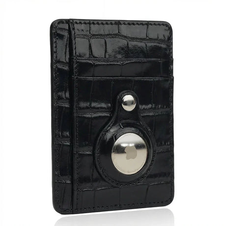 Black crocodile-patterned cardholder with airtag pocket on a white background
