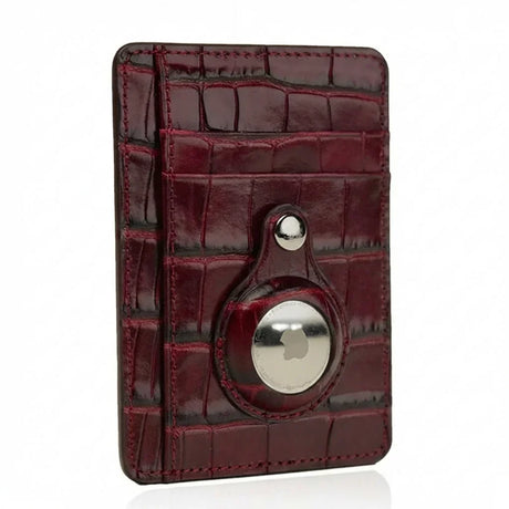 Top Grain Burgundy Calfskin Embossed Crocodile Pattern Card Wallet with a white background
