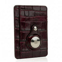 Luxury crocodile-textured leather card holder with magnetic Apple AirTag slot, burgundy finish