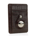 Brown leather cardholder with airtag slot on a white background