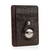 Brown leather cardholder with airtag slot on a white background