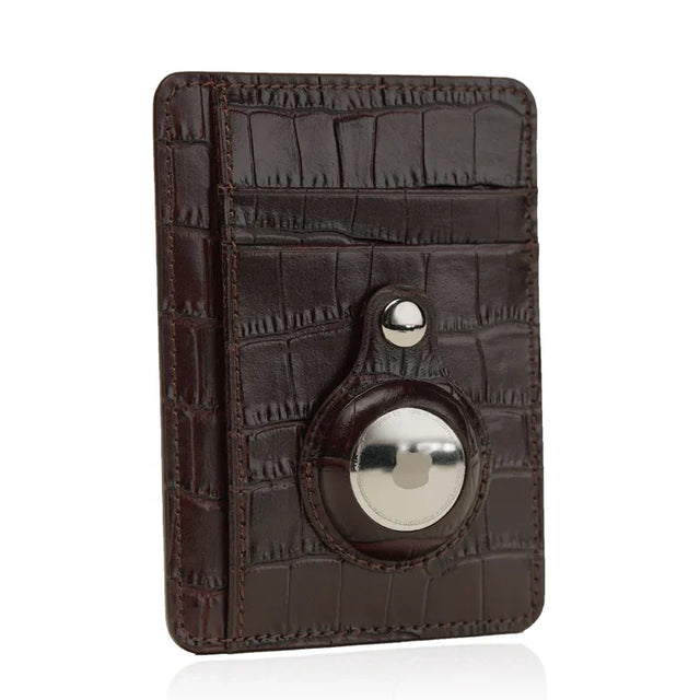Brown leather cardholder with airtag slot on a white background