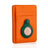 Orange leather cardholder with green AirTag holder, premium wallet accessory for Apple AirTag tracking