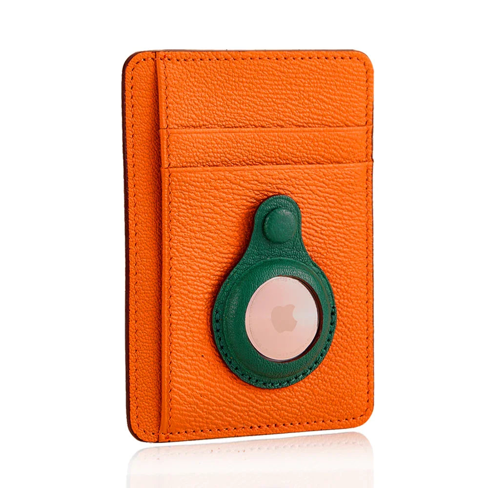 Orange leather cardholder with green AirTag holder, premium wallet accessory for Apple AirTag tracking