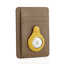 Tan leather cardholder with yellow AirTag holder, sleek minimalist design for everyday carry