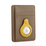 Tan leather cardholder with yellow AirTag holder, sleek minimalist design for everyday carry