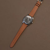 Italian light brown calfskin watch band fitted on luxury stainless steel dress watch 20mm lug size demonstration