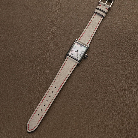 Complete Beige White Alran goat leather watch strap mounted on luxury rectangular tank watch