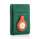 Green leather card holder with orange AirTag sleeve, premium RFID wallet for men