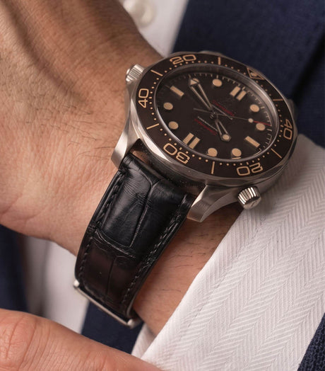 Luxury black HCP crocodile leather strap mounted on a high-end luxury mechanical watch, showcasing a sophisticated bespoke look.
