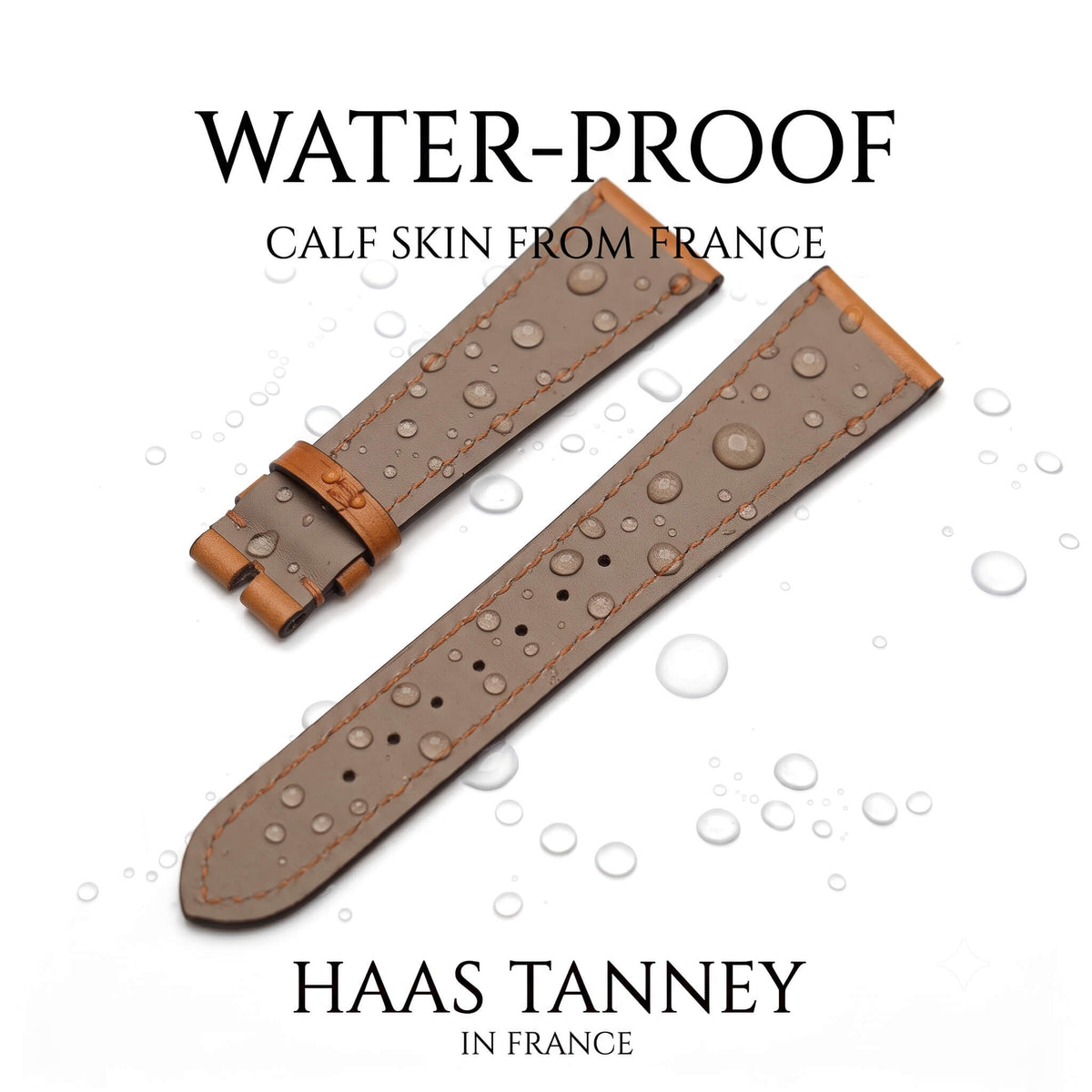 Waterproof French Haas Zermatt calfskin watch strap lining with water droplets demonstrating sweat resistance