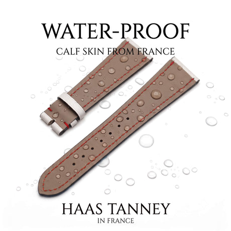 Waterproof French Haas Zermatt calfskin watch strap lining showing water drop resistance and red stitch