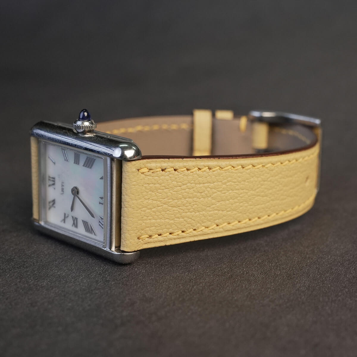 Yellow French Alran goatskin replacement watch strap with tonal stitching side view