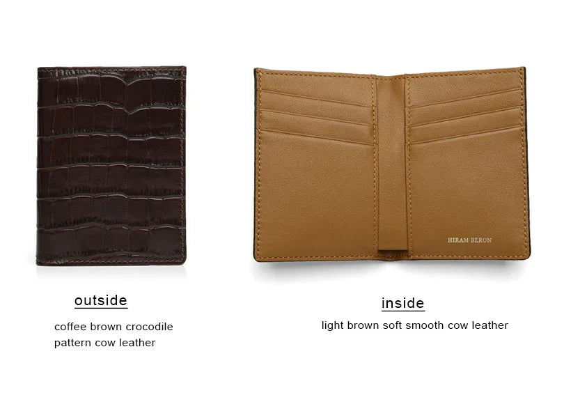 Two wallets, one with coffee brown aligator pattern leather outside and light brown soft smooth cow leather inside, on a white background.