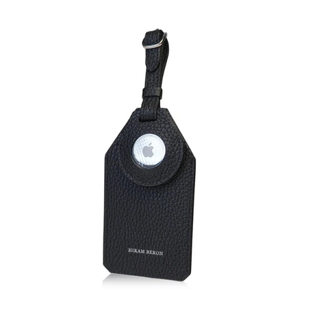 Black pebble leather airtag luggage tag on a white background