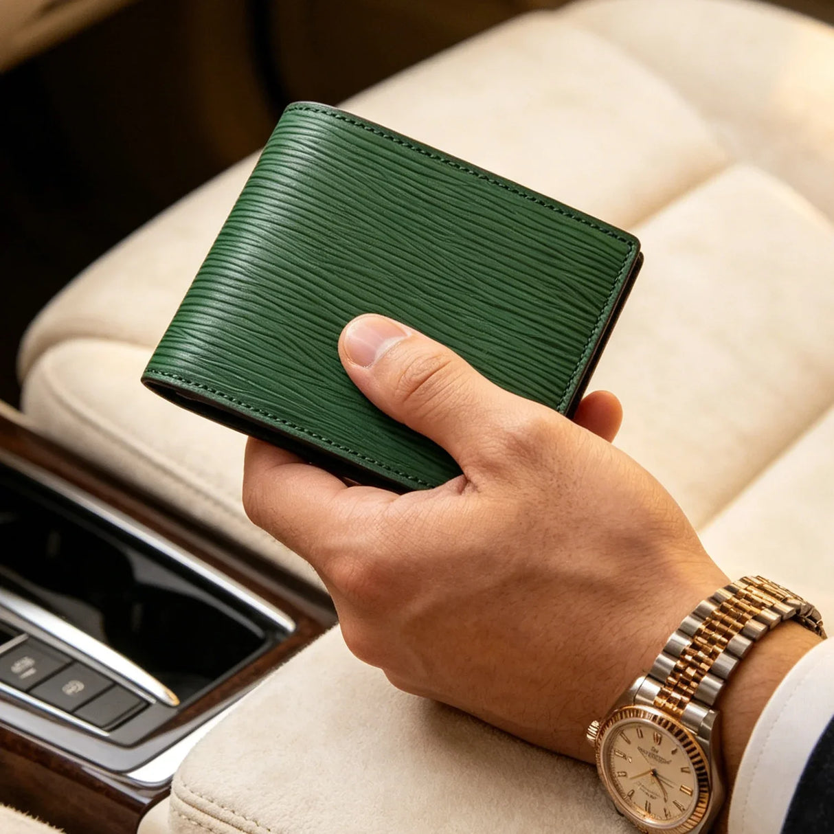 Hand holding a EPI leather green wallet with a gold watch on a car seat