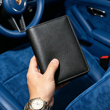 Hand holding a black saffiano passport wallet with a car interior in the background