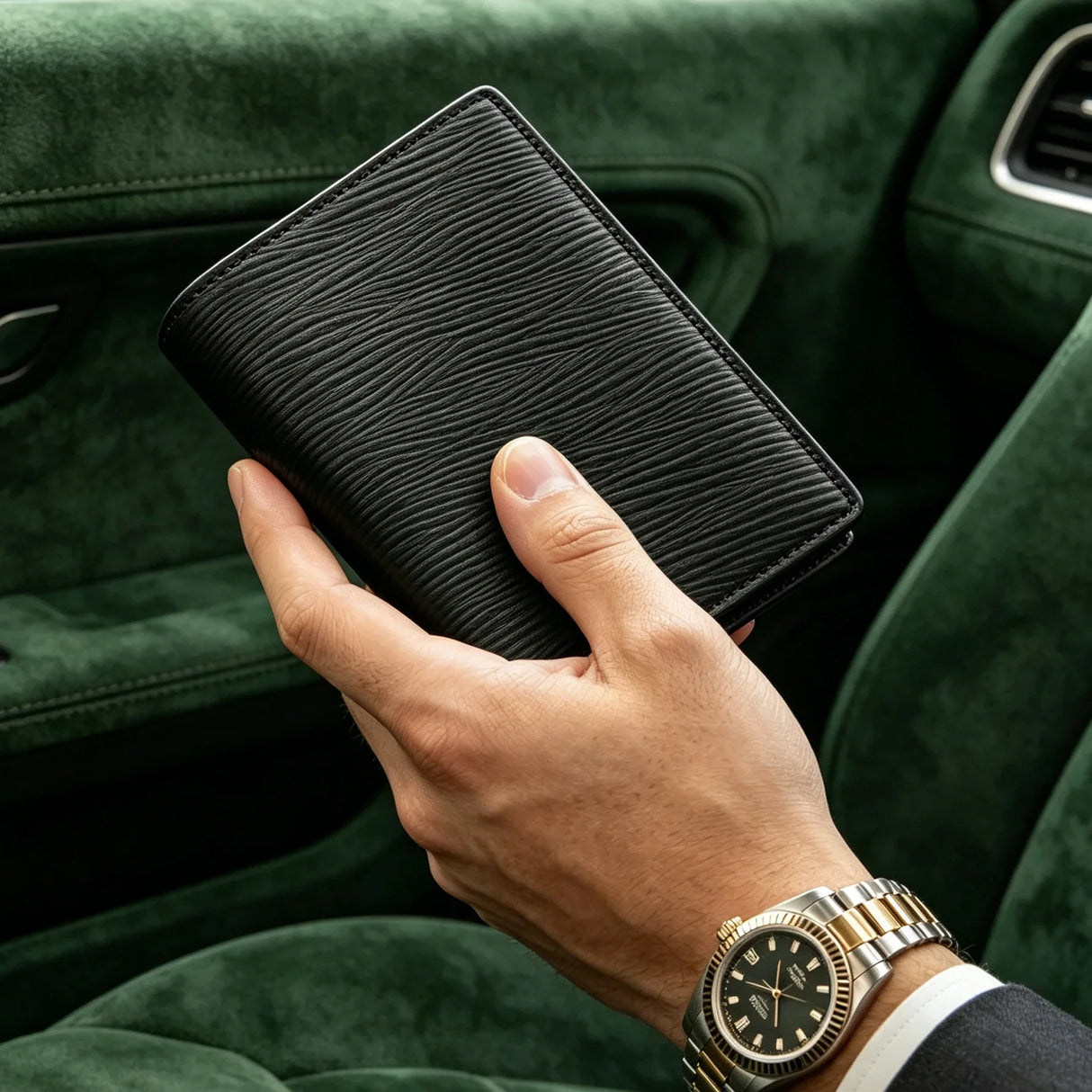 Hand holding a black EPI leather passport wallet with a gold watch on a green interior background
