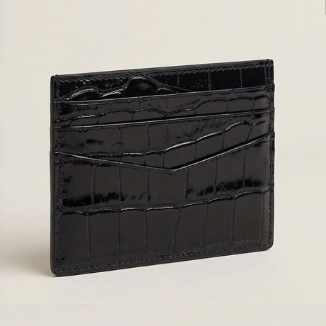 Glossy Black crocodile-patterned cardholder 