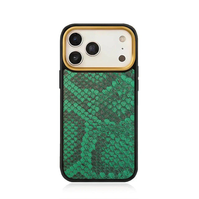 Green python skin phone case on a white background