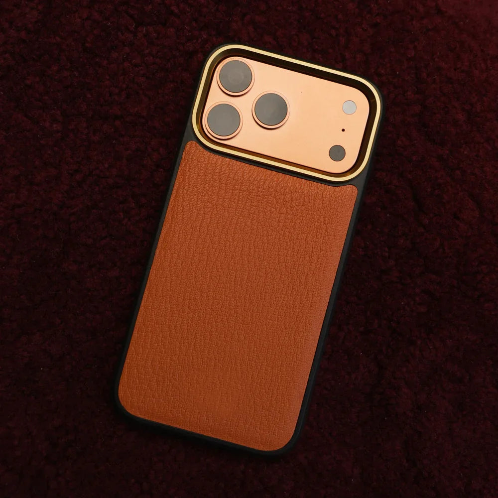 Orange France Goat Skin iPhone Case with burgundy felt background