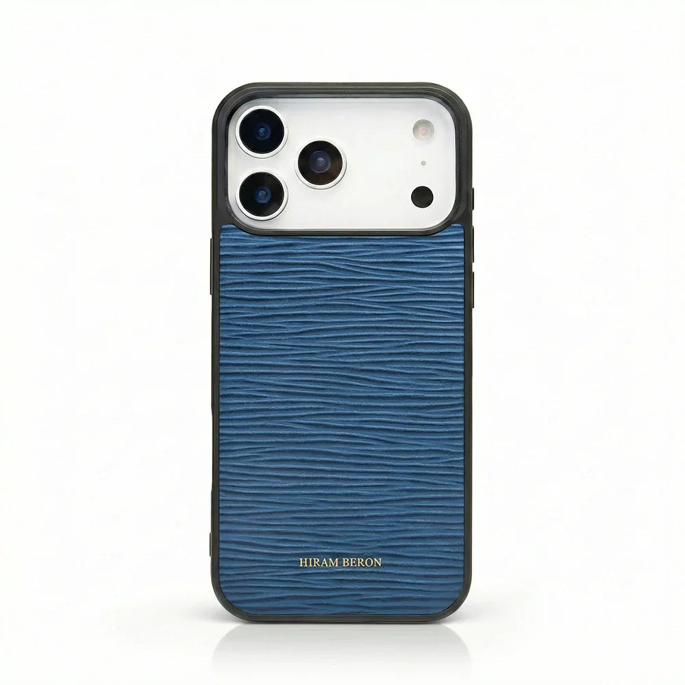 blue epi leather iphone case with brand name HIRAM BERON on it