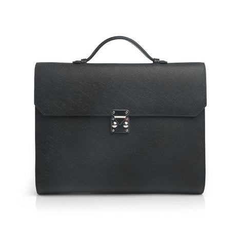saffiano leather folio briefcase with a silver clasp on a white background