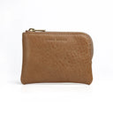 beige leather coin pouch with 'Hiram Beron' branding on a white background
