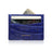 Blue embossed crocodile pattern cardholder with cards and money on a white background