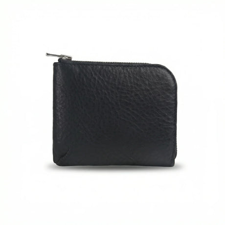 Black full grain  leather wallet with a zipper on a white background