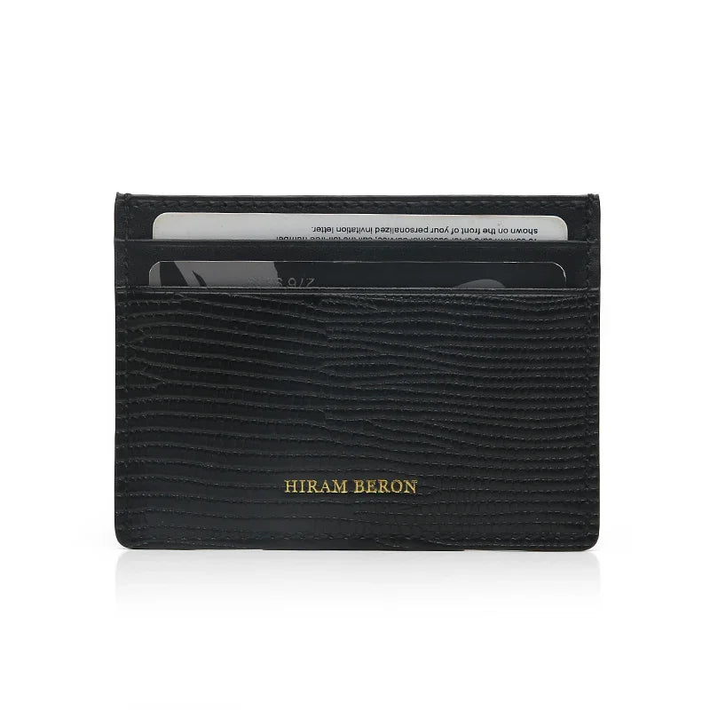 Black lizard pattern cardholder with 'Hiram Beron' branding on a white background