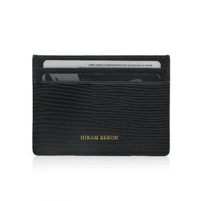 Black lizard pattern cardholder with 'Hiram Beron' branding on a white background