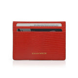 Red cardholder with 'Hiram Beron' branding on a white background