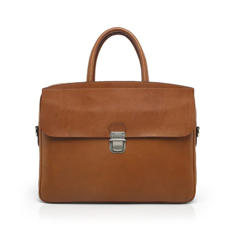 Tan Italian Veg-Tanned Leather Briefcase on a white background