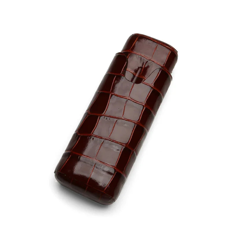 Luxury crocodile-embossed leather cigar case, rich brown, premium texture, elegant design for travel or gifting