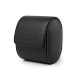Black saffiano leather watch roll case on a white background