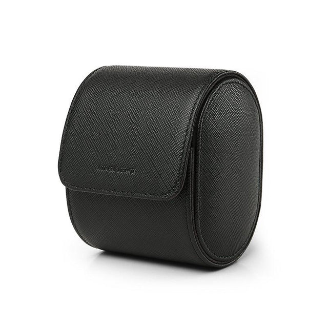 Black saffiano leather watch roll case on a white background