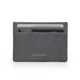 Gray lizard pattern cardholder with 'Hiram Beran' branding on a white background