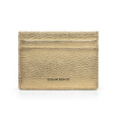 Trim gold pebble leather cardholder with 'Hiram Beron' branding on a white background